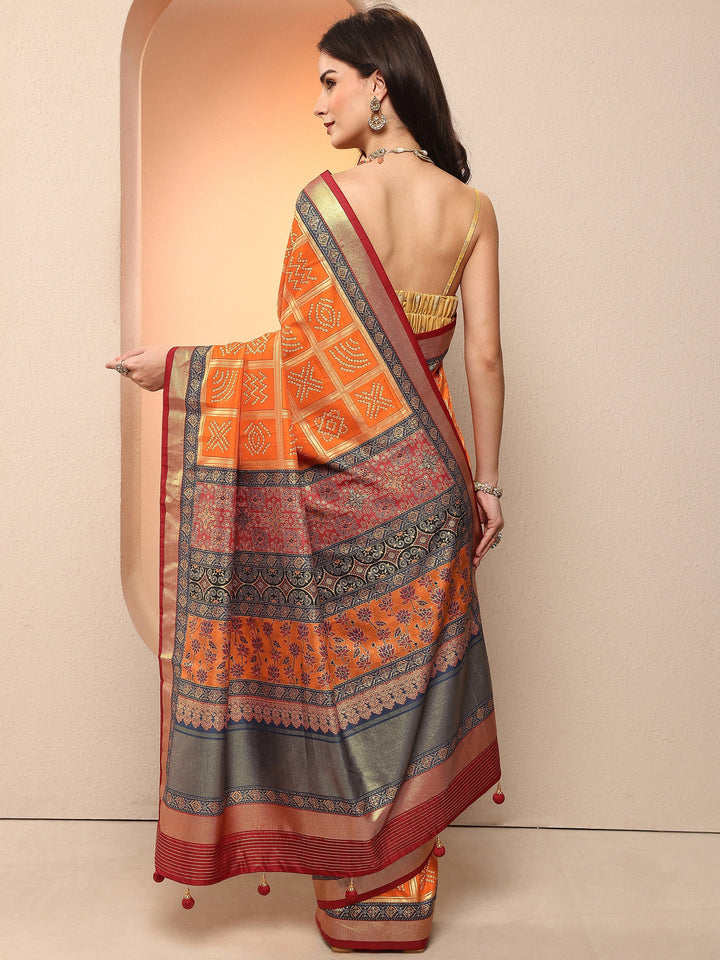 Orange Bandhani Printed Sarees With Unstitched Blouse Piece