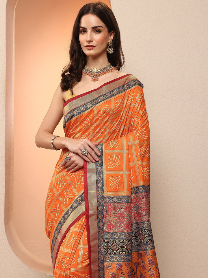Orange Bandhani Printed Sarees With Unstitched Blouse Piece