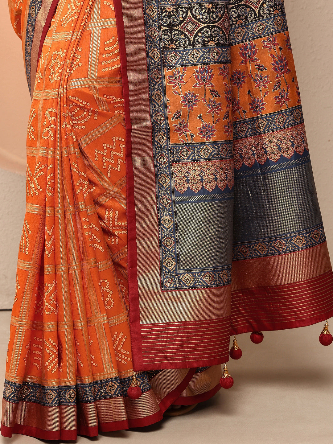 Orange Bandhani Printed Sarees With Unstitched Blouse Piece