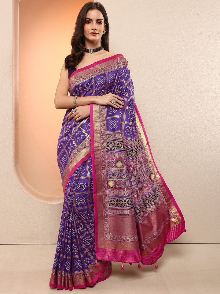 Purple Bandhani Printed Sarees With Unstitched Blouse Piece