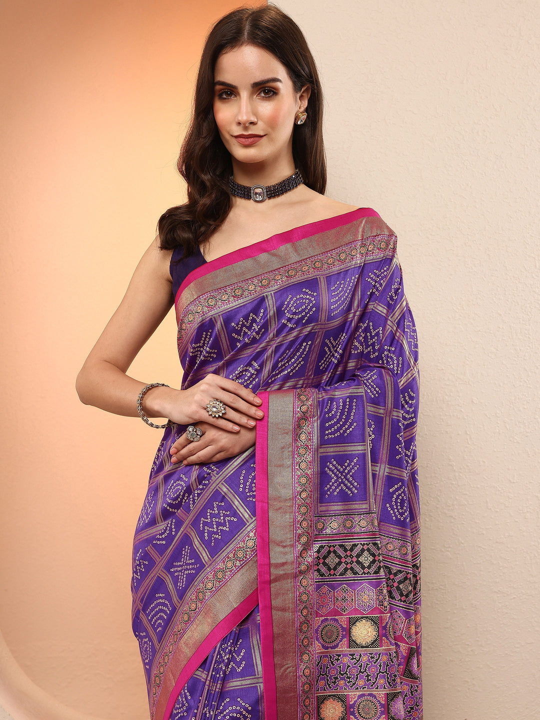 Purple Bandhani Printed Sarees With Unstitched Blouse Piece