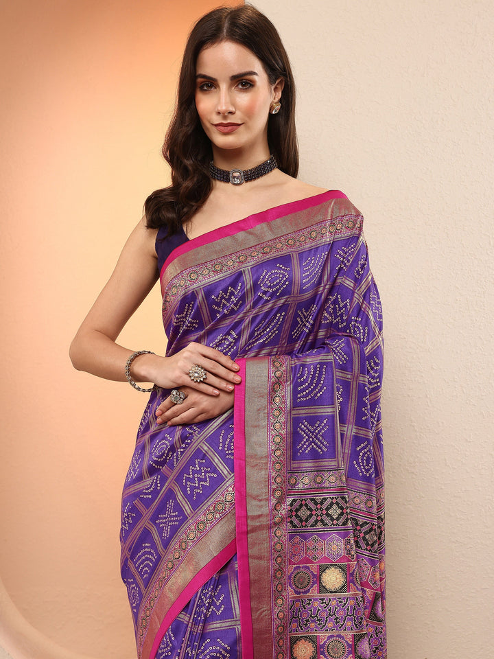 Purple Bandhani Printed Sarees With Unstitched Blouse Piece