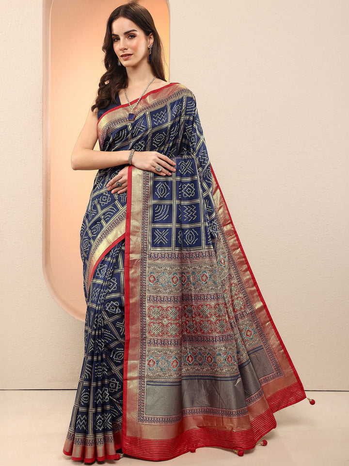 Navy Blue Bandhani Printed Sarees With Unstitched Blouse Piece