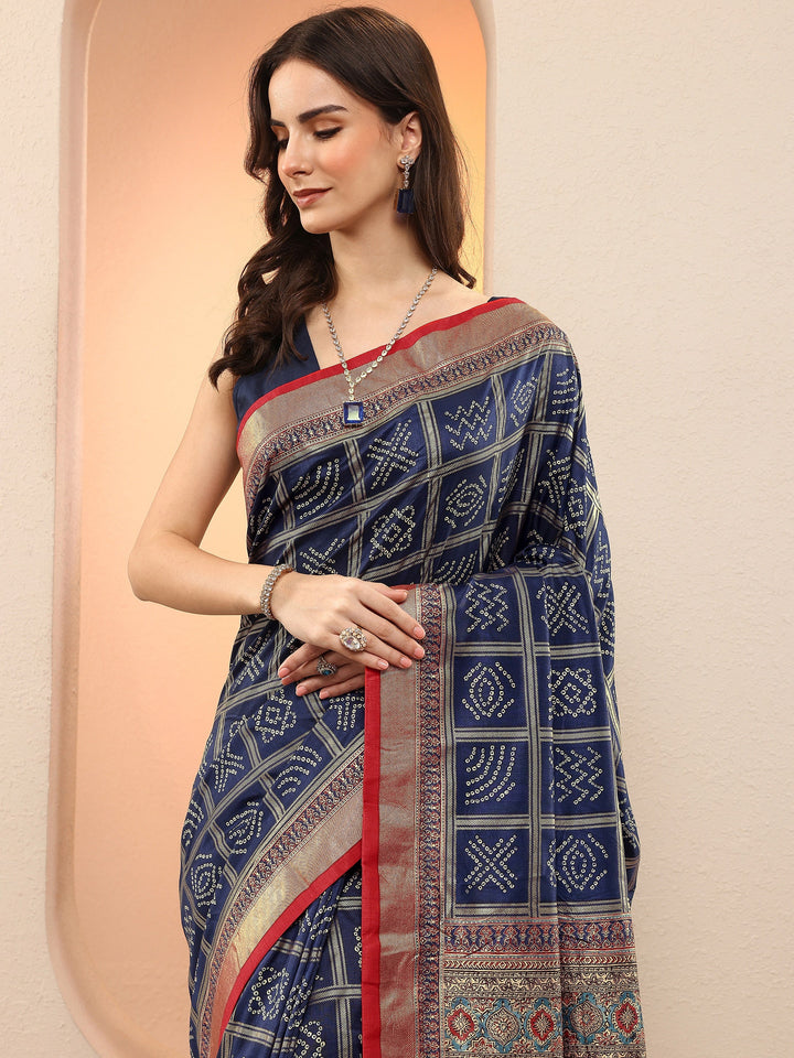 Navy Blue Bandhani Printed Sarees With Unstitched Blouse Piece