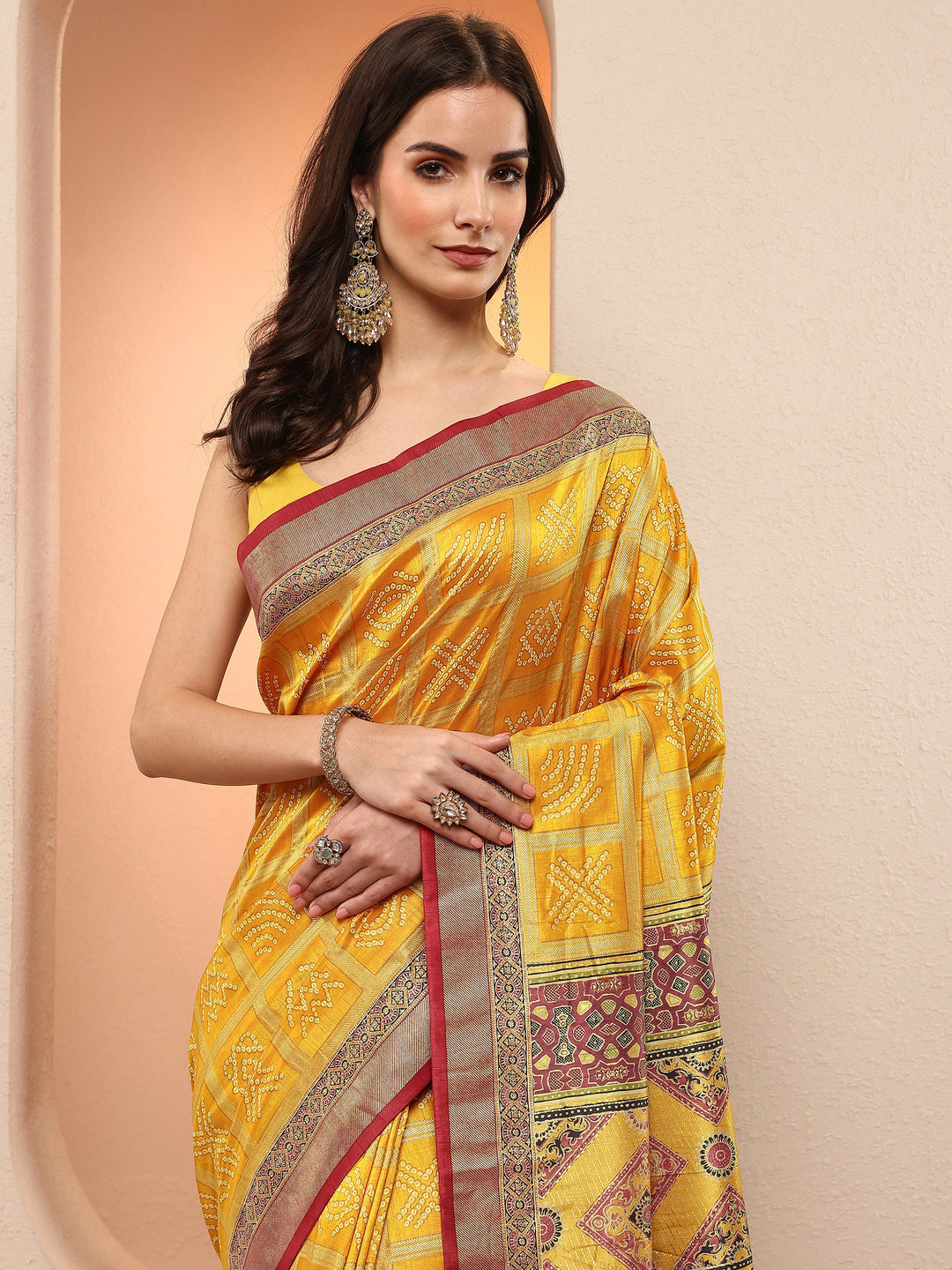 Mustard Bandhani Printed Sarees With Unstitched Blouse Piece