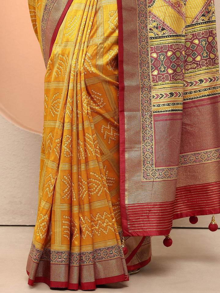 Mustard Bandhani Printed Sarees With Unstitched Blouse Piece