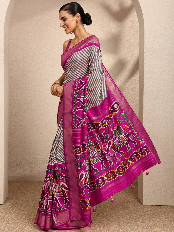 Grey Leheriya Printed Silk Blend Saree With Unstitched Blouse Piece