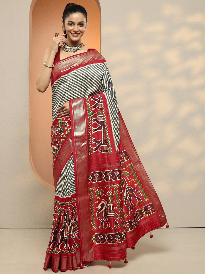 Grey Leheriya Printed Silk Blend Saree With Unstitched Blouse Piece