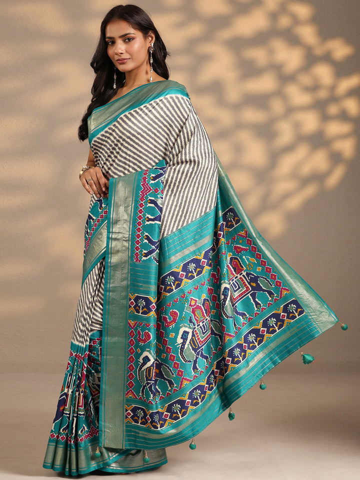 Grey Leheriya Printed Silk Blend Saree With Unstitched Blouse Piece