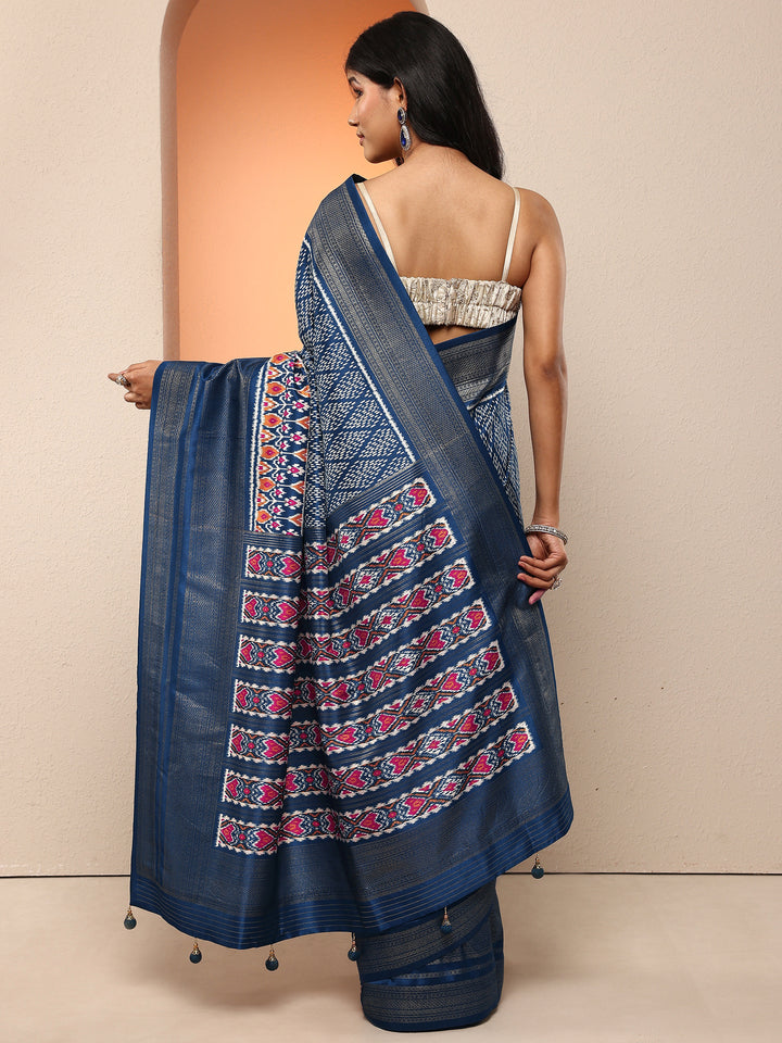 Navy Blue Geometric Printed Silk Blend Saree With Unstitched Blouse Piece