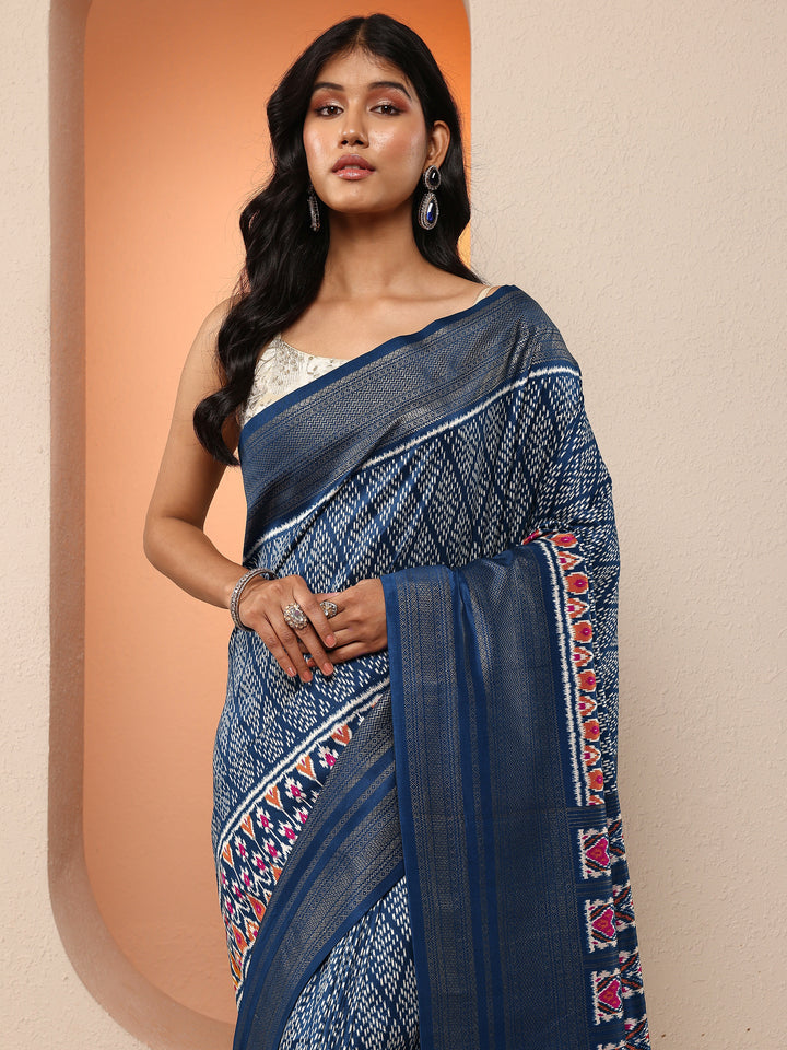 Navy Blue Geometric Printed Silk Blend Saree With Unstitched Blouse Piece