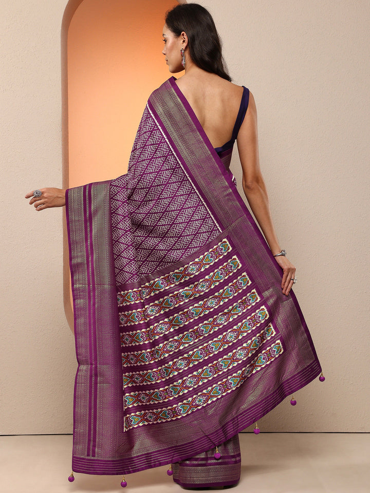 Purple Printed Silk Blend Sarees With Unstitched Blouse Piece