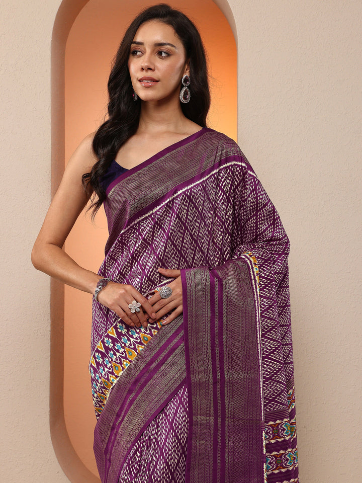 Purple Printed Silk Blend Sarees With Unstitched Blouse Piece