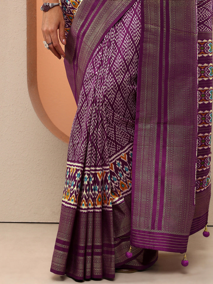 Purple Printed Silk Blend Sarees With Unstitched Blouse Piece