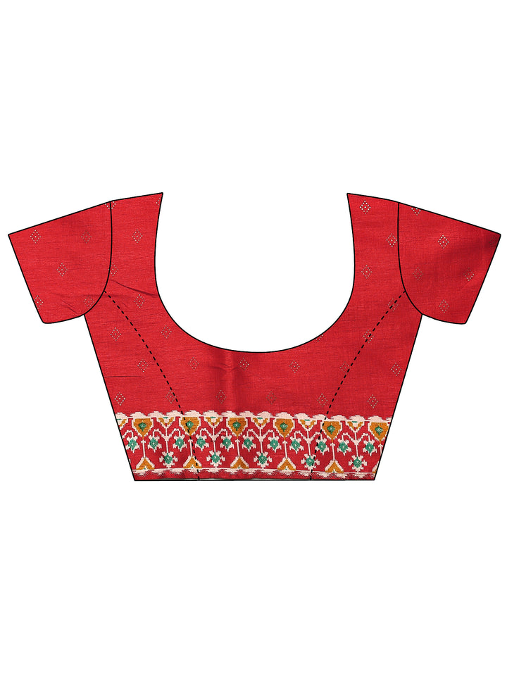 Red Geometric Printed Silk Blend Saree With Unstitched Blouse Piece