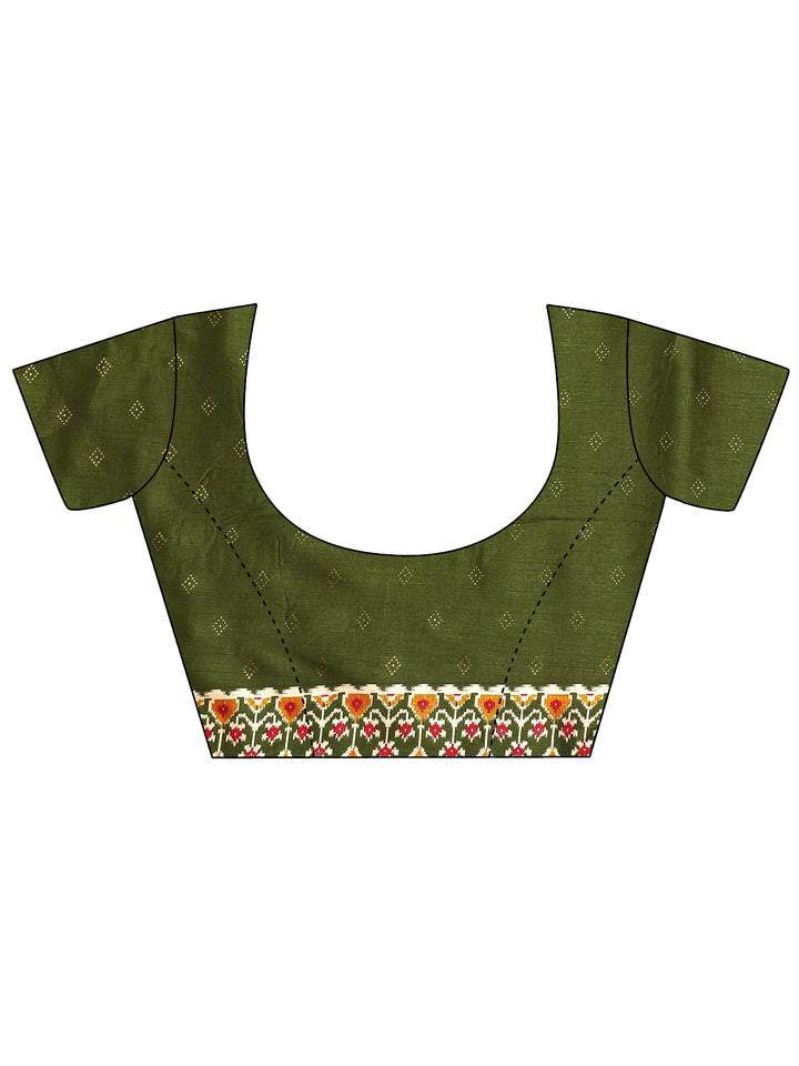 Green Geometric Printed Silk Blend Saree With Unstitched Blouse Piece