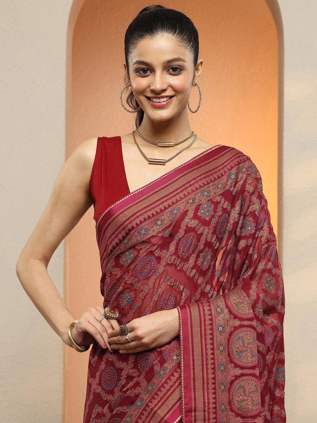 Magenta Printed Georgette Saree With Unstitched Blouse Piece