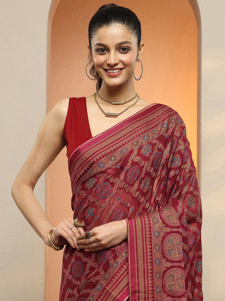 Magenta Printed Georgette Saree With Unstitched Blouse Piece