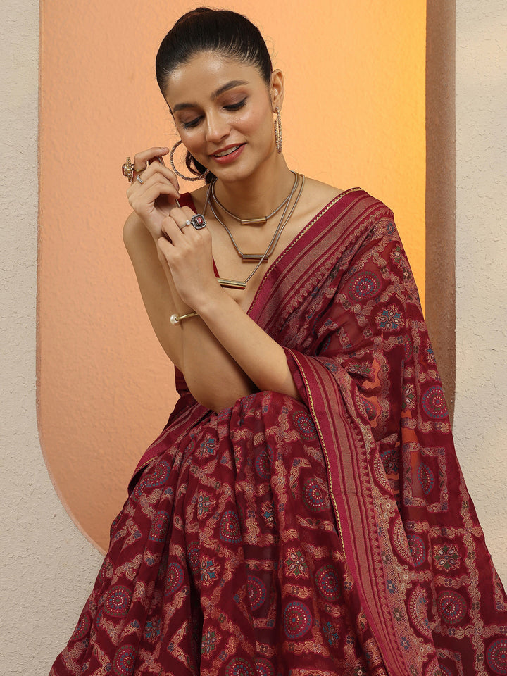 Magenta Printed Georgette Saree With Unstitched Blouse Piece