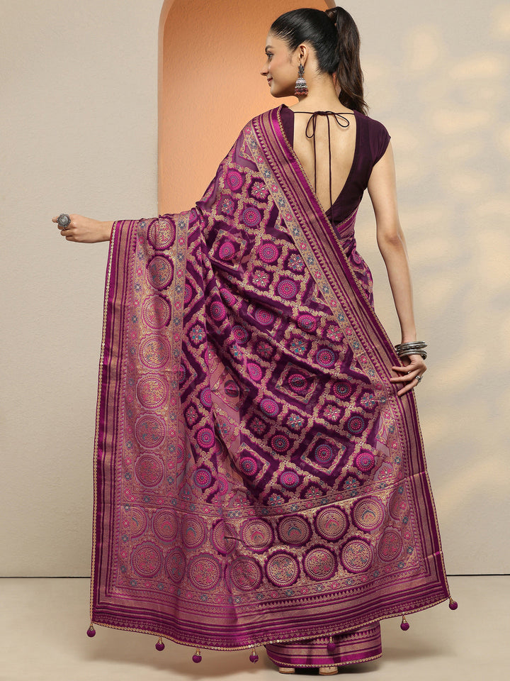 Purple Printed Georgette Saree With Unstitched Blouse Piece