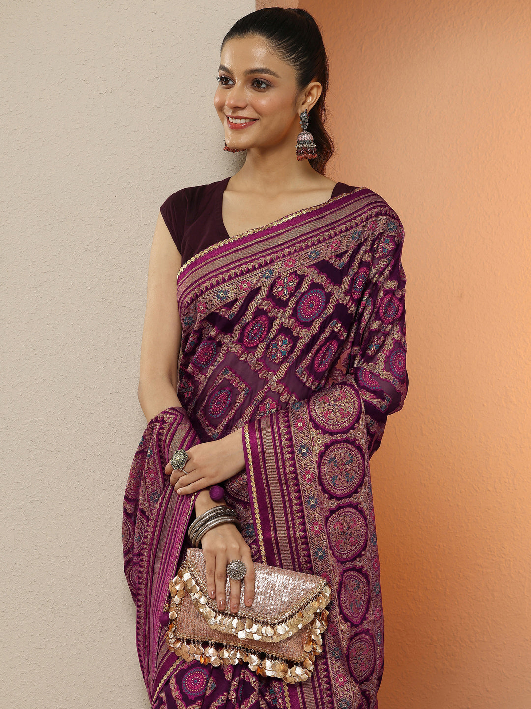 Purple Printed Georgette Saree With Unstitched Blouse Piece