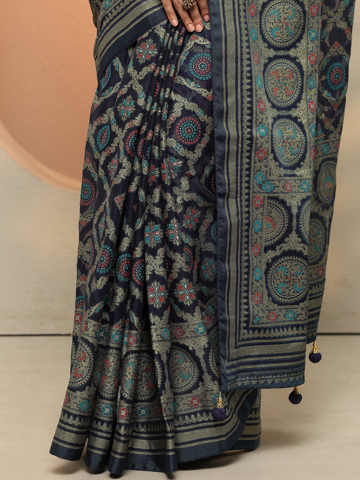 Navy Blue Printed Georgette Saree With Unstitched Blouse Piece
