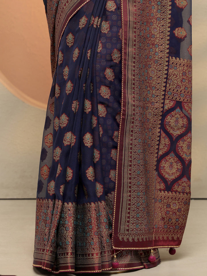 Navy Blue Printed Georgette Saree With Unstitched Blouse Piece