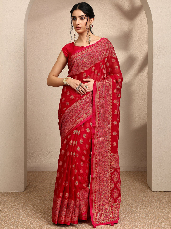 Red Printed Georgette Saree With Unstitched Blouse Piece