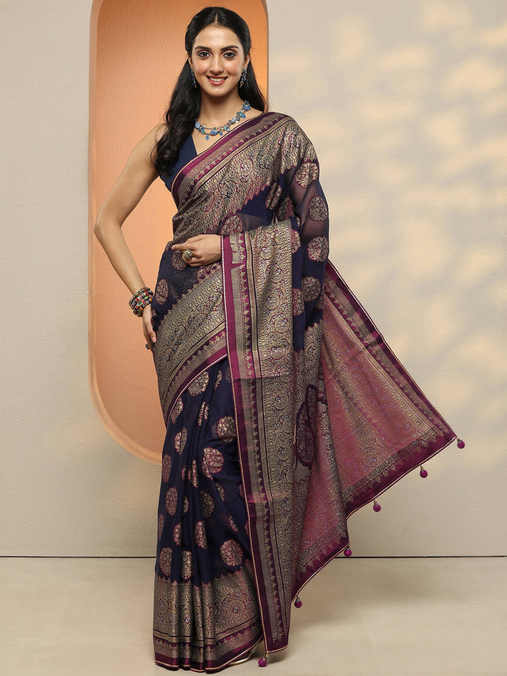 Blue Printed Georgette Saree With Unstitched Blouse Piece