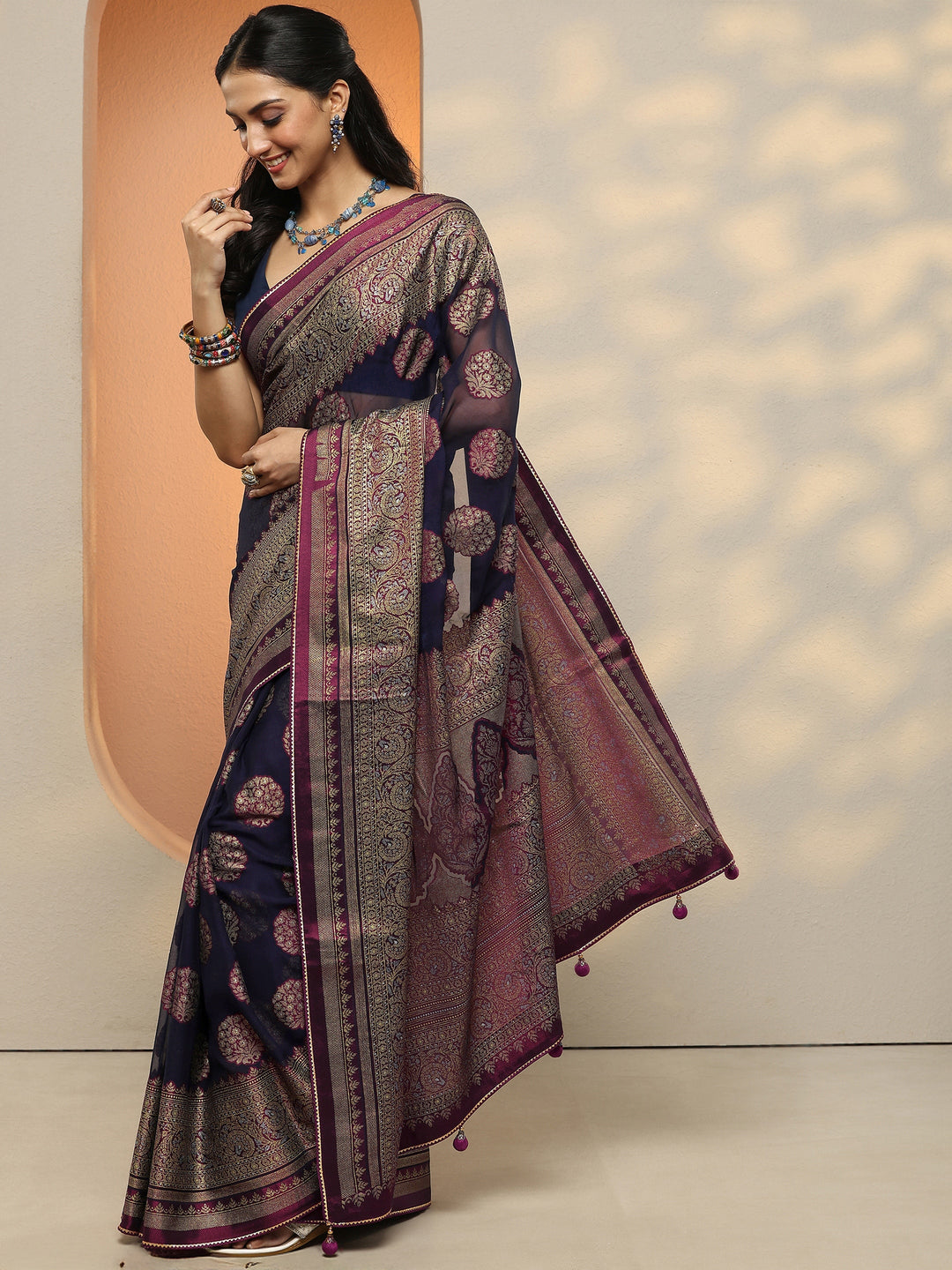 Blue Printed Georgette Saree With Unstitched Blouse Piece