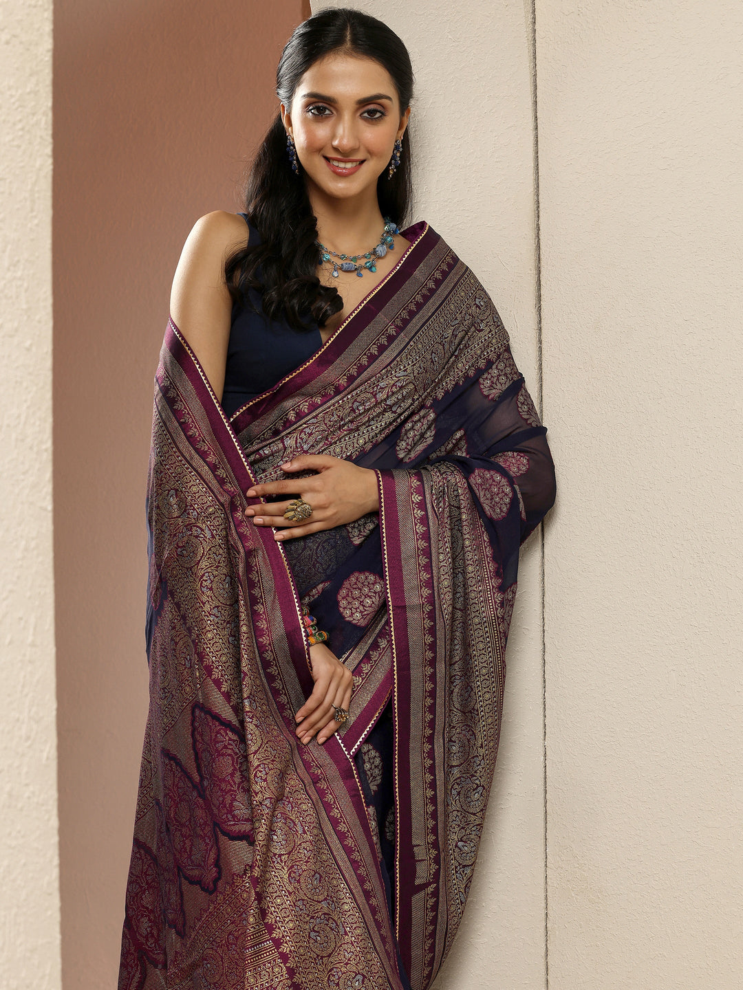 Blue Printed Georgette Saree With Unstitched Blouse Piece