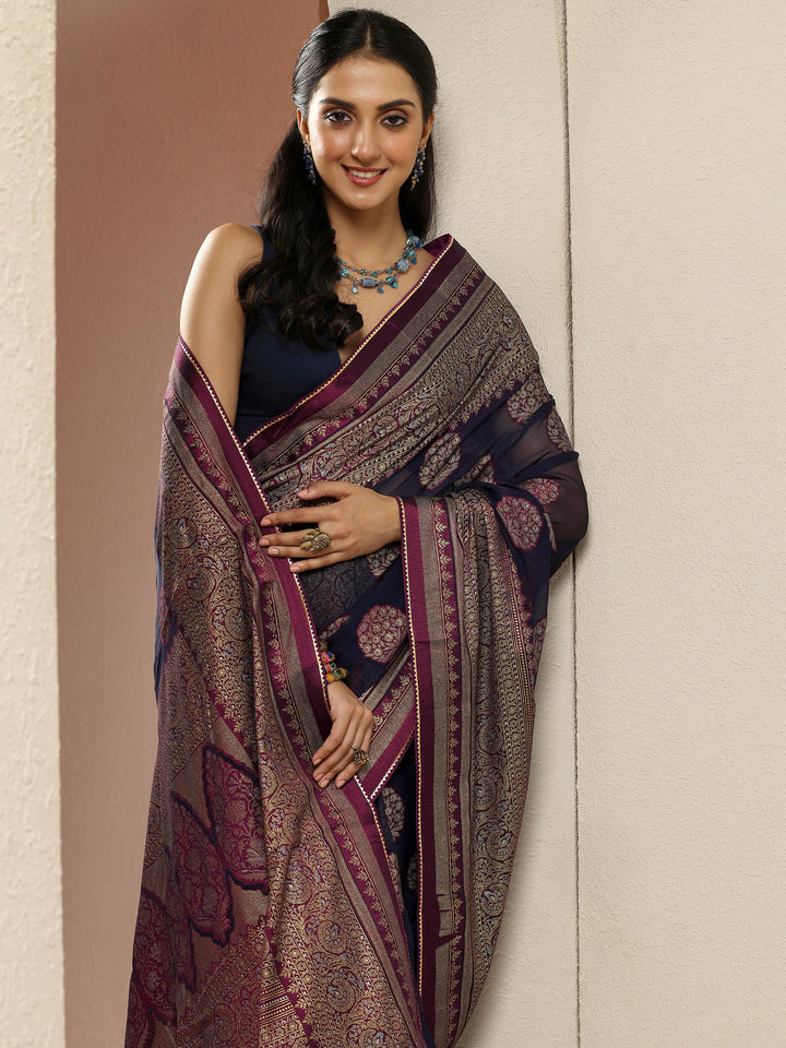 Blue Printed Georgette Saree With Unstitched Blouse Piece