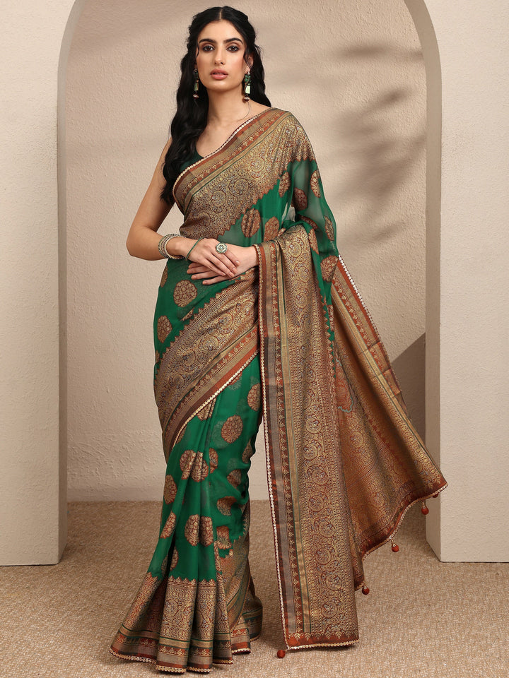 Green Printed Georgette Saree With Unstitched Blouse Piece