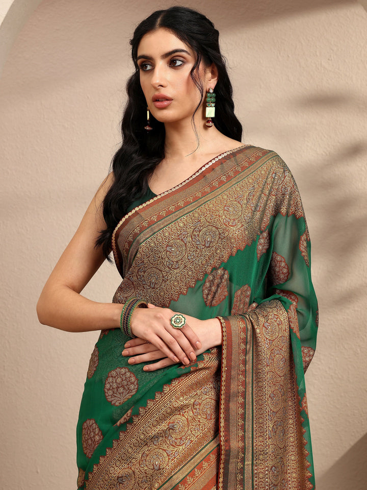 Green Printed Georgette Saree With Unstitched Blouse Piece