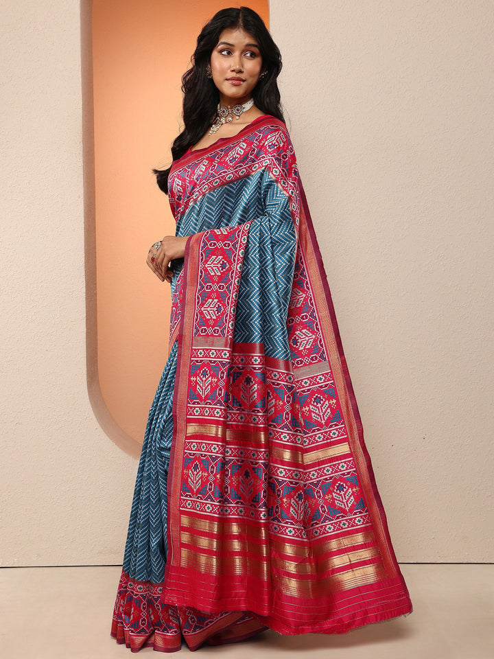 Blue Chevron Woven Design Silk Blend Saree With Unstitched Blouse Piece