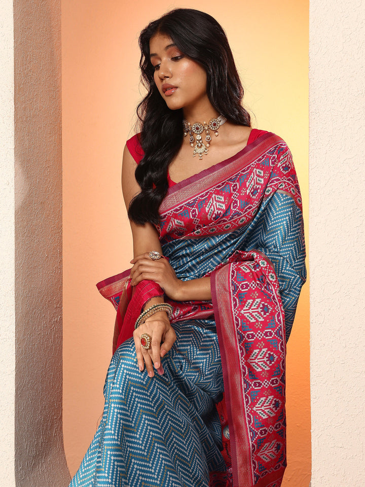 Blue Chevron Woven Design Silk Blend Saree With Unstitched Blouse Piece