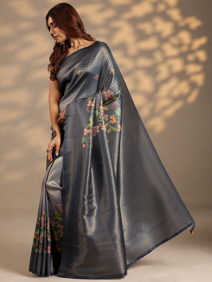 Grey Woven Design Silk Blend Saree With Unstitched Blouse Piece