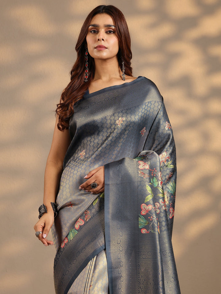 Grey Woven Design Silk Blend Saree With Unstitched Blouse Piece