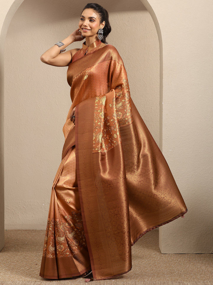 Peach Woven Design Silk Blend Saree With Unstitched Blouse Piece