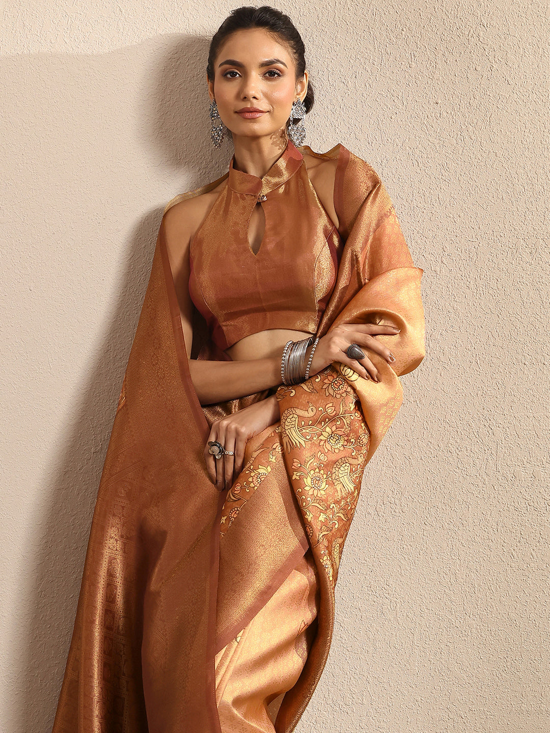 Peach Woven Design Silk Blend Saree With Unstitched Blouse Piece