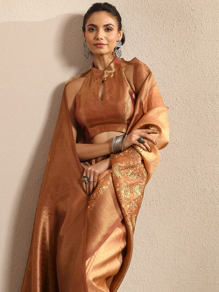 Peach Woven Design Silk Blend Saree With Unstitched Blouse Piece