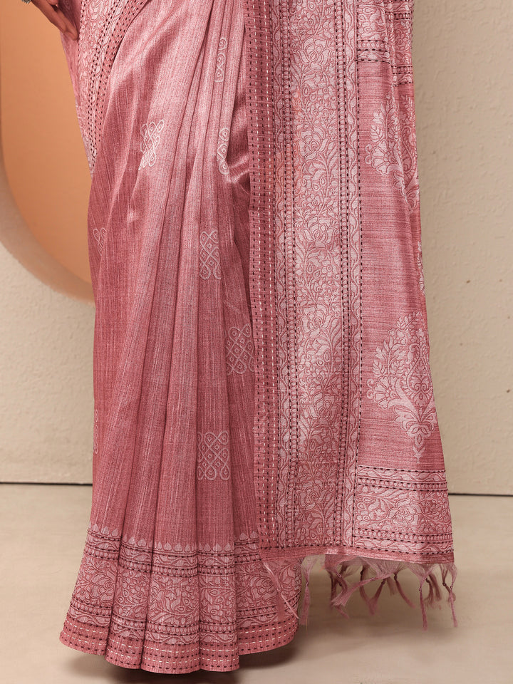 Mauve Printed Silk Blend Saree With Unstitched Blouse Piece