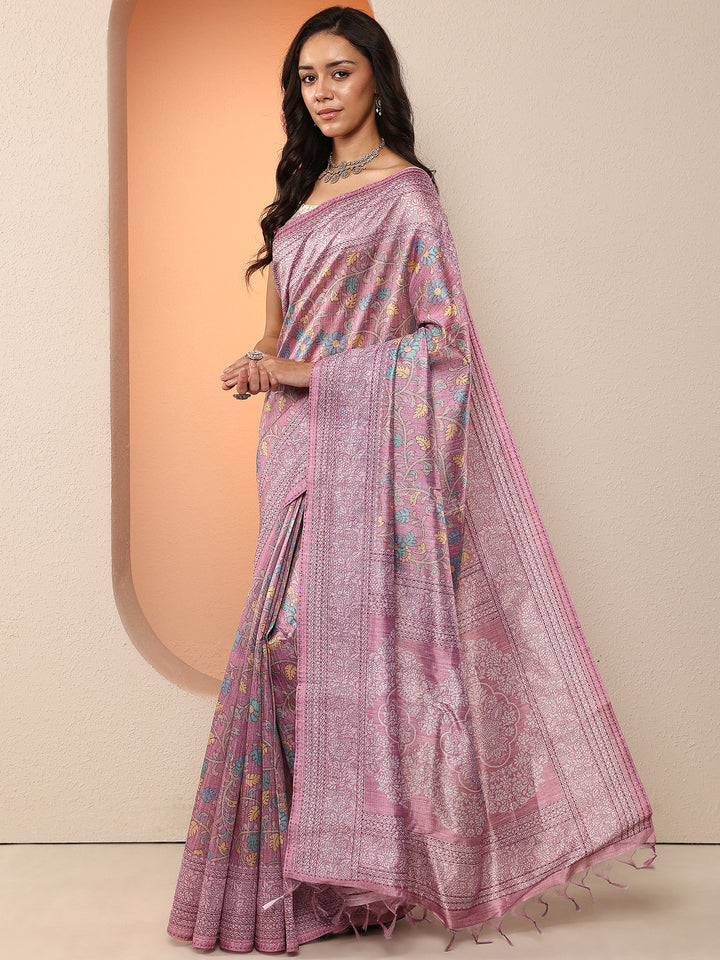 Purple Printed Silk Blend Saree With Unstitched Blouse Piece