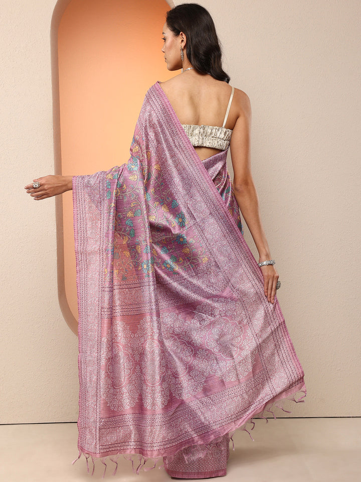 Purple Printed Silk Blend Saree With Unstitched Blouse Piece