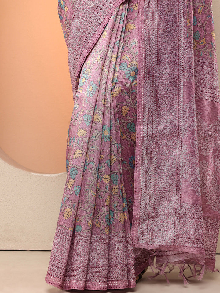 Purple Printed Silk Blend Saree With Unstitched Blouse Piece