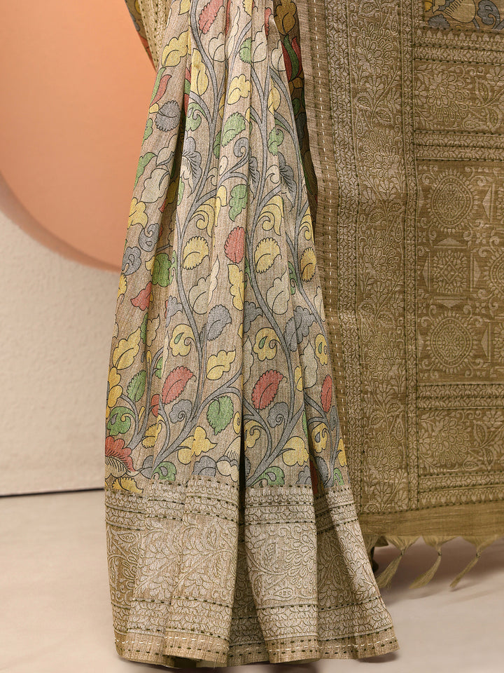 Gold Printed Silk Blend Saree With Unstitched Blouse Piece