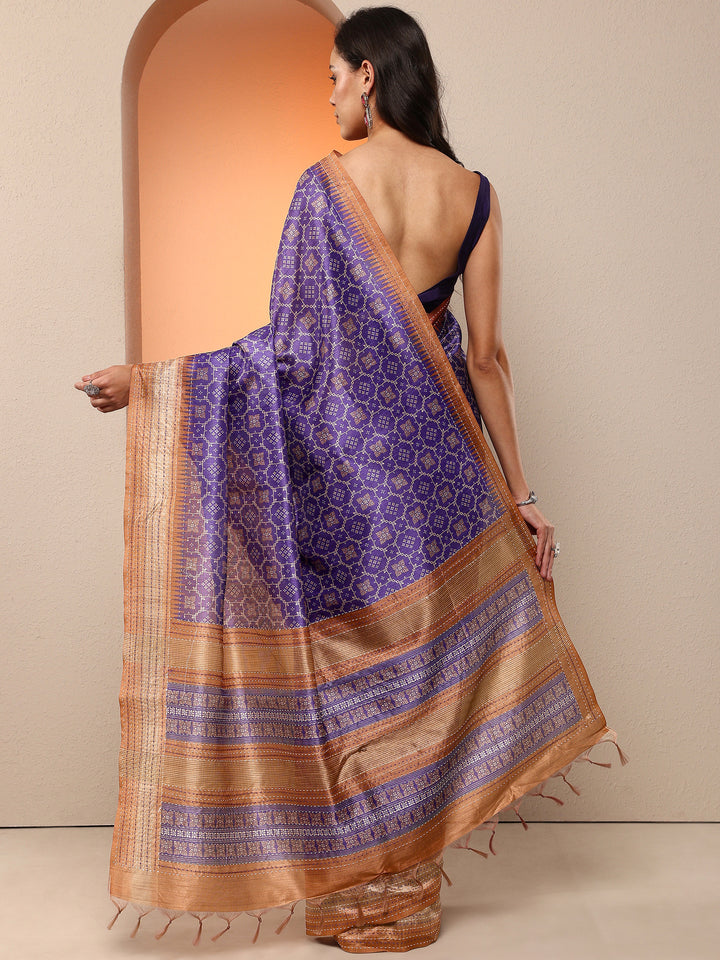 Purple Printed Silk Blend Saree With Unstitched Blouse Piece