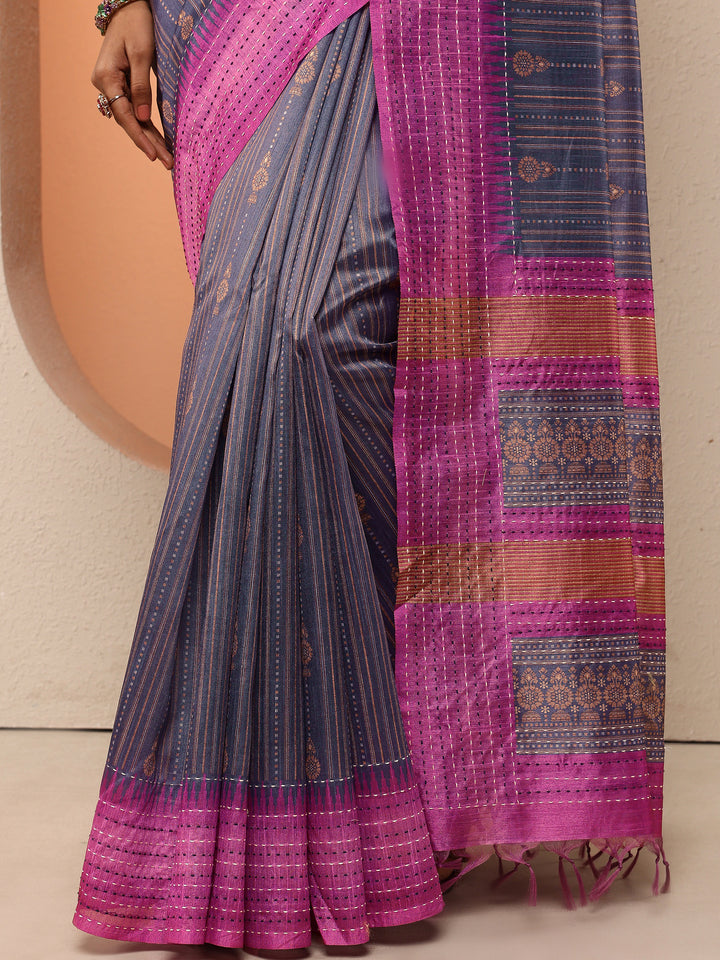Pink Printed Silk Blend Saree With Unstitched Blouse Piece