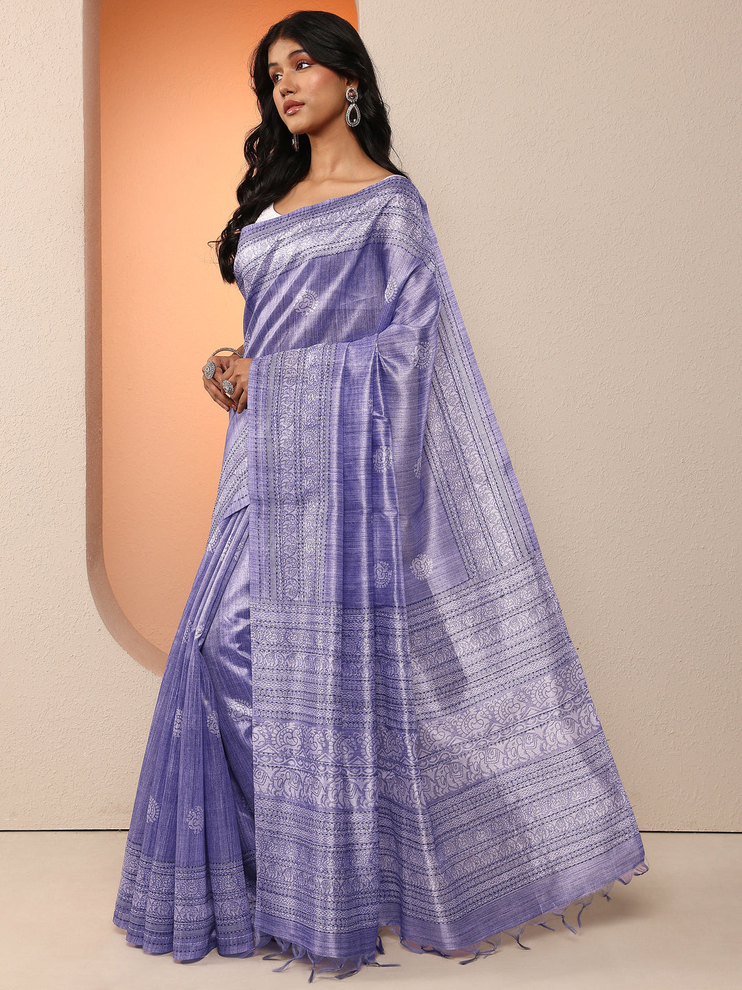 Lavender Printed Silk Blend Saree With Unstitched Blouse Piece
