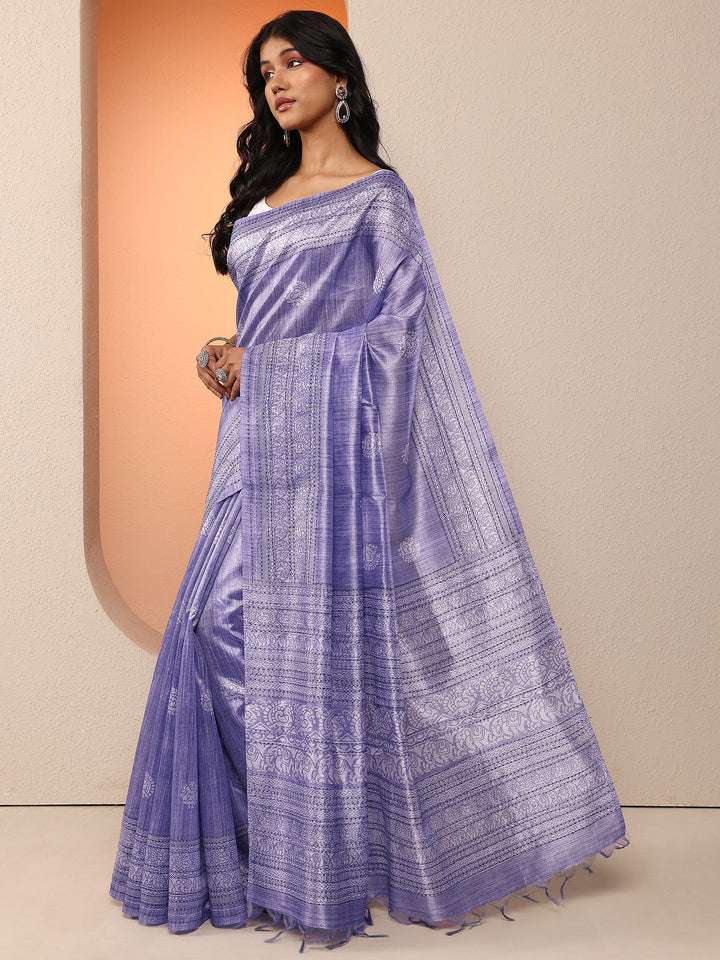 Lavender Printed Silk Blend Saree With Unstitched Blouse Piece